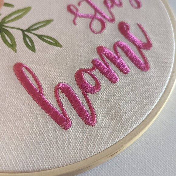 NWT Embroidery Hoop Let's Stay Home Sign Farmhouse Home Decor Pink Floral Gift - Picture 4 of 8